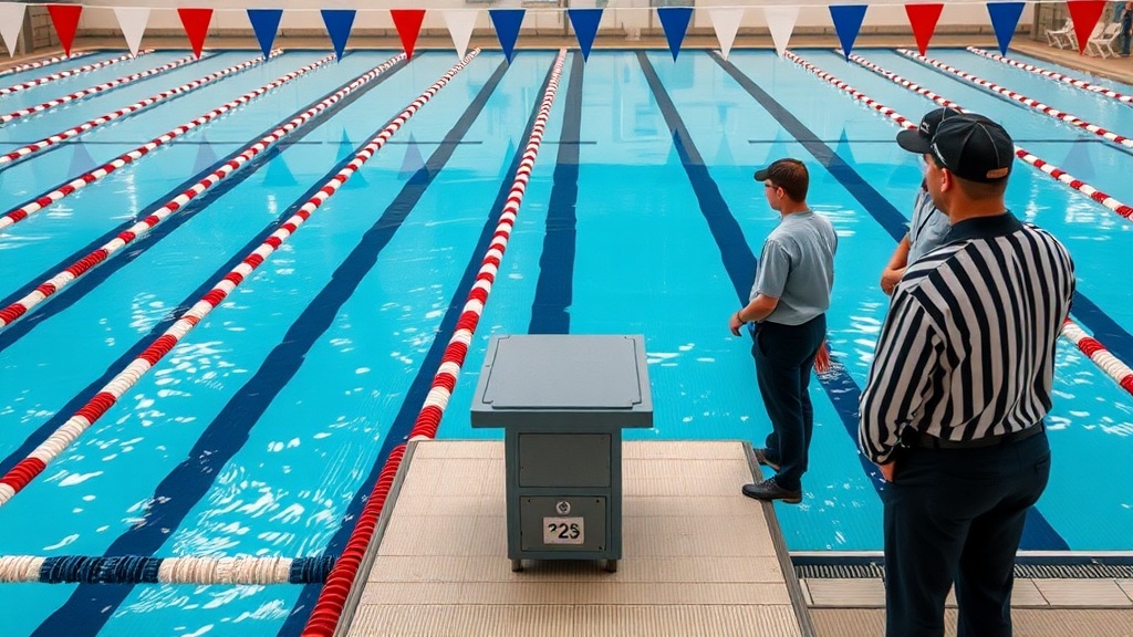 수영장 출발대 주변에서 스타터와 심판들이 경기 시작 절차를 진행하는 모습