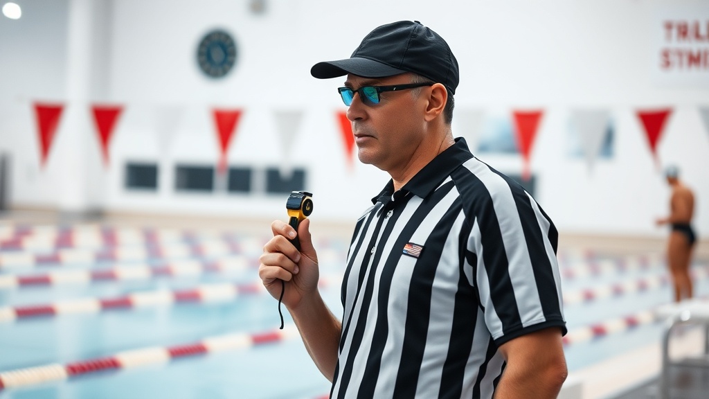 수영장 출발대 앞에서 휘슬을 든 심판이 신호 절차를 진행하는 모습