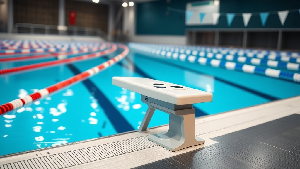 경기용 수영장에 설치된 스타팅 블록의 모습